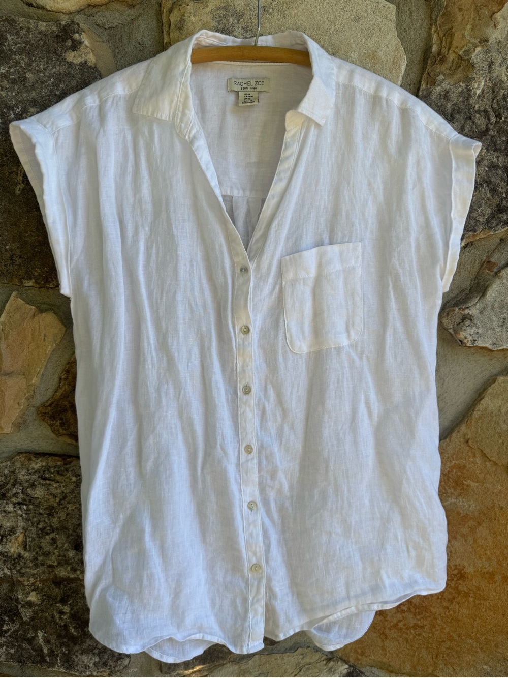 Rachel Zoe 100% Linen White Button Down Shirt M Cap Sleeve Coastal Oversized